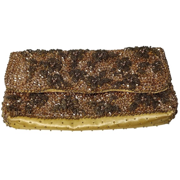 Rimco Beaded Floral Clutch Purse Gold California Hand Made in Hong Kong 1960 SEE - Picture 1 of 15